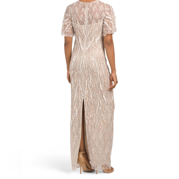 Adrianna papell embellished sequined lace column gown with Flutter sleev… - Picture 2 of 16